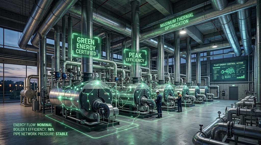 Centrale tecnica con tubazioni, quadri e generatori in un locale industriale